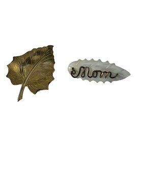 Vintage Leaf Brooch Set Gold Tone Leaf & Mother of Pearl “Mom” Pin
